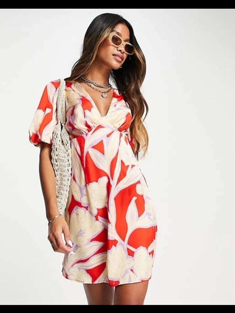 Topshop red floral print dress with puffy sleeves